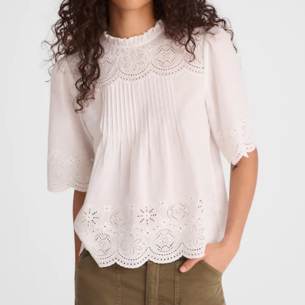Madewell Embroidered Pintuck High-Neck Top